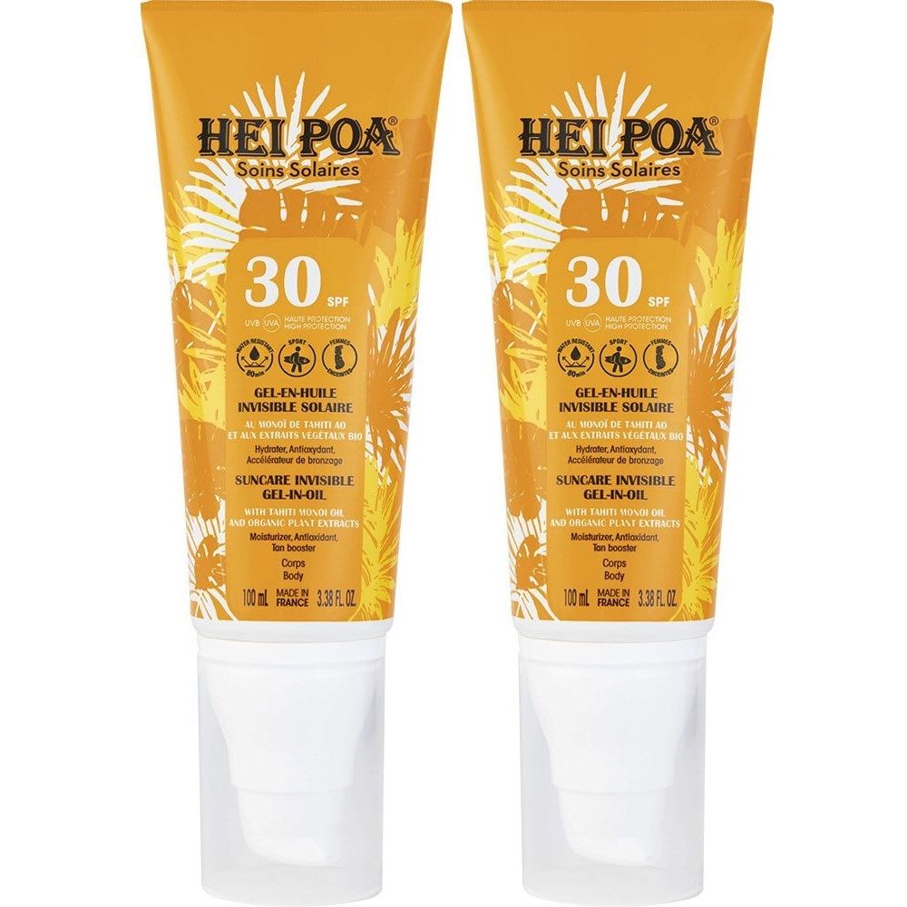Zwei Tuben Sonnencreme. Gelbe Tuben mit weißem Verschluss. Aufschrift: HEI POA, Soins Solaires, 30 SPF, GEL-EN-HUILE INVISIBLE SOLAIRE.