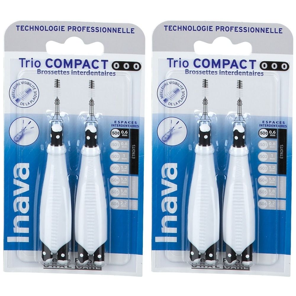 Zwei Packungen mit Inava Trio COMPACT Interdentalbürsten. Weiße Griffe, schwarze Borsten. Verpackung mit Produktnamen und Größenangabe.