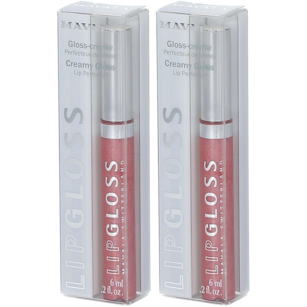 Deux gloss à lèvres dans des emballages transparents. Couleur rose, bouchon argenté. Inscription : LIP GLOSS, MAVALA SWITZERLAND, 6 ml, 2 fl.oz.