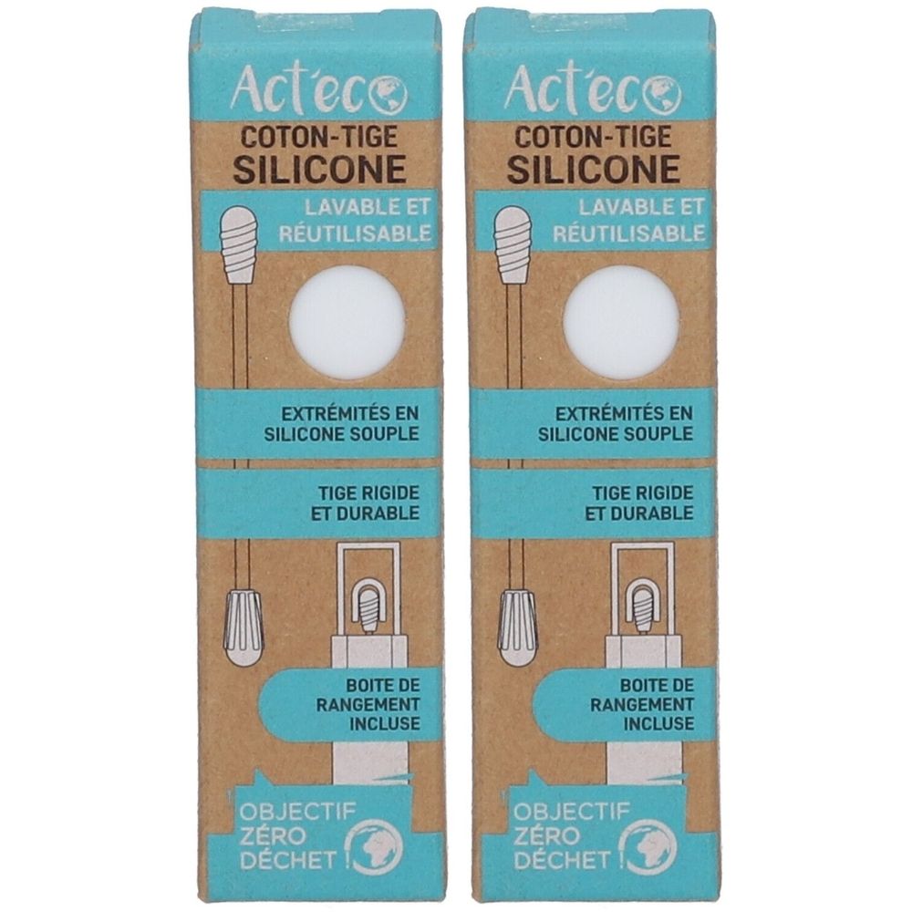 Deux boîtes de cotons-tiges en silicone Act'eco. Inscription: silicone, lavable et réutilisable. Avec boîte de rangement.