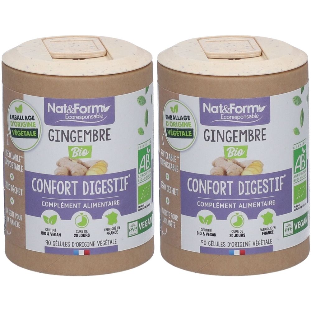 Deux boîtes cylindriques avec couvercles. Inscription: Nat&Form Gingembre Bio, Confort Digestif. Certification bio. Vegan.