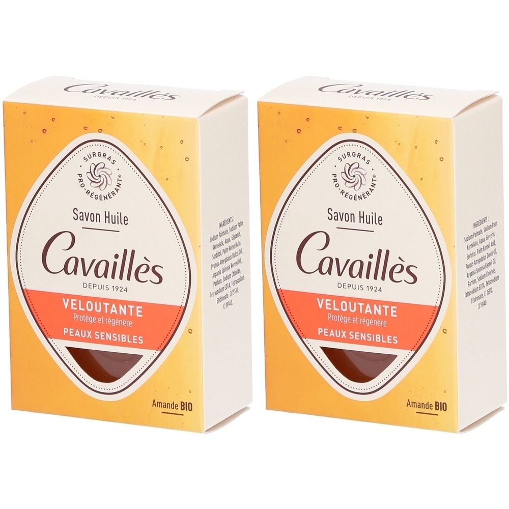 Zwei rechteckige Kartons mit dem Logo Cavaillès. Aufschrift: Savon Huile, Veloutante, Peaux Sensibles. Gelber Hintergrund.