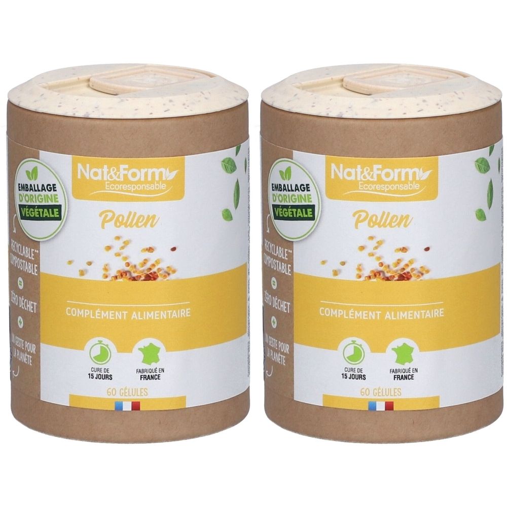Zwei zylindrische Behälter mit Deckel. Aufschrift: Nat&Form Pollen, Nahrungsergänzungsmittel. Verpackung aus pflanzlichem Ursprung, 60 Kapseln.