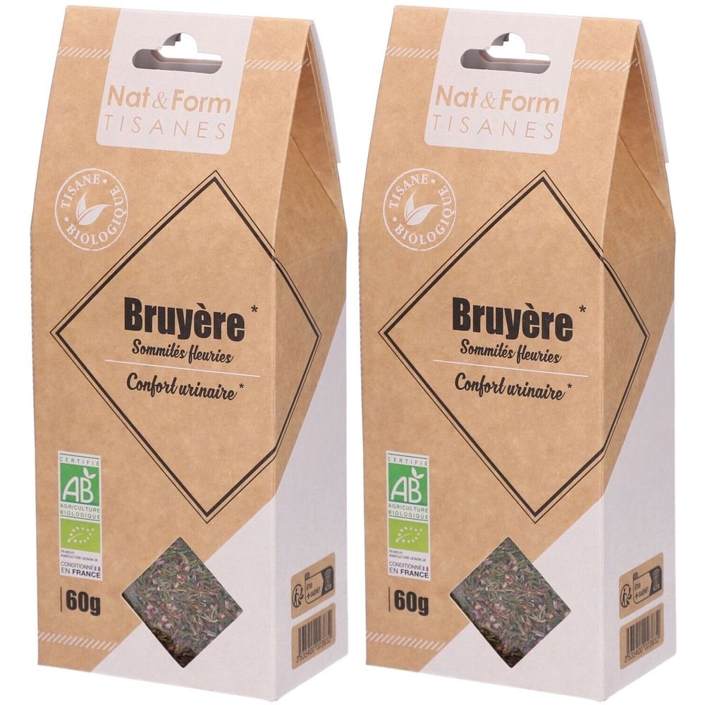 Deux boîtes de tisane. Inscription: Bruyère, Confort urinaire. Label bio. 60g. Marque: Nat&Form Tisanes.