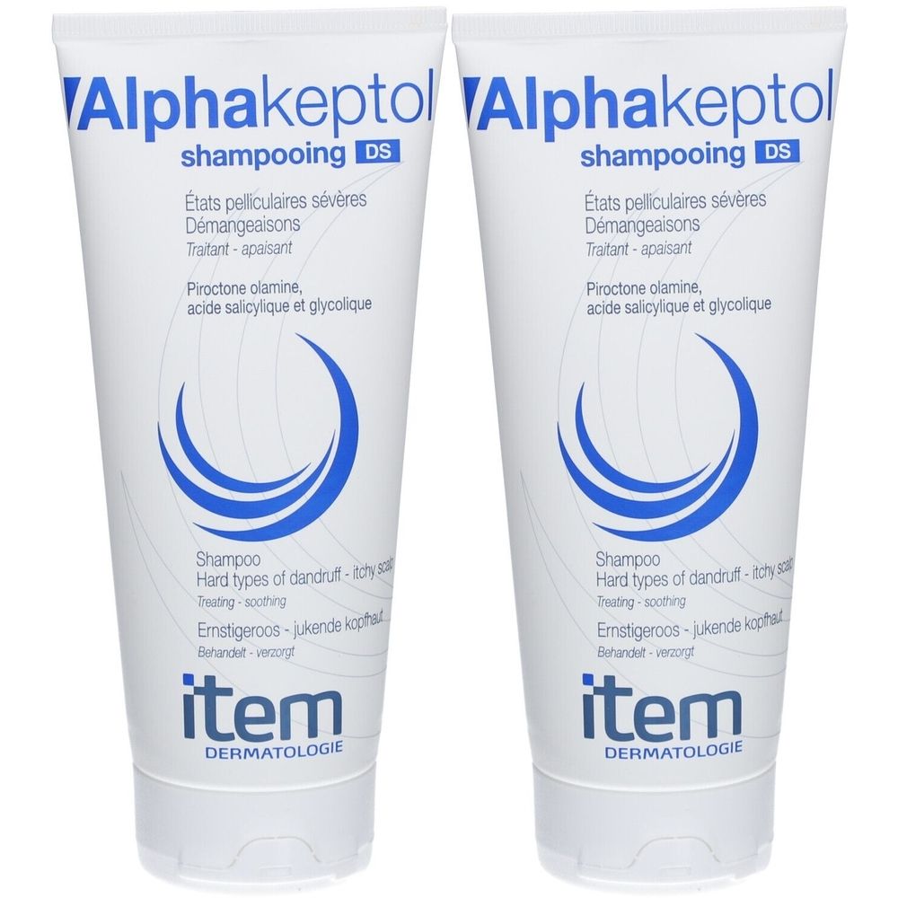 Zwei weiße Tuben Shampoo mit blauer Beschriftung. Aufschrift: Alphakeptol, Shampooing DS. Text in Französisch und Englisch.