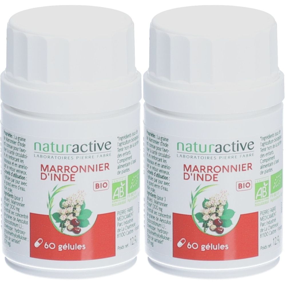 Deux flacons blancs avec étiquettes. Inscription: naturactive Marronnier d'Inde, 60 gélules, label bio.