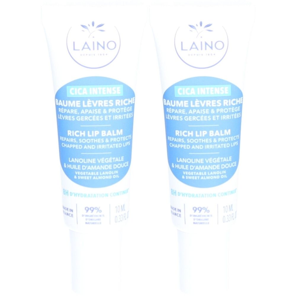 Deux tubes de baume à lèvres. Inscription: Cica Intense, Baume Lèvres Riche, Rich Lip Balm. Contient de la lanoline végétale et de l'huile d'amande douce.