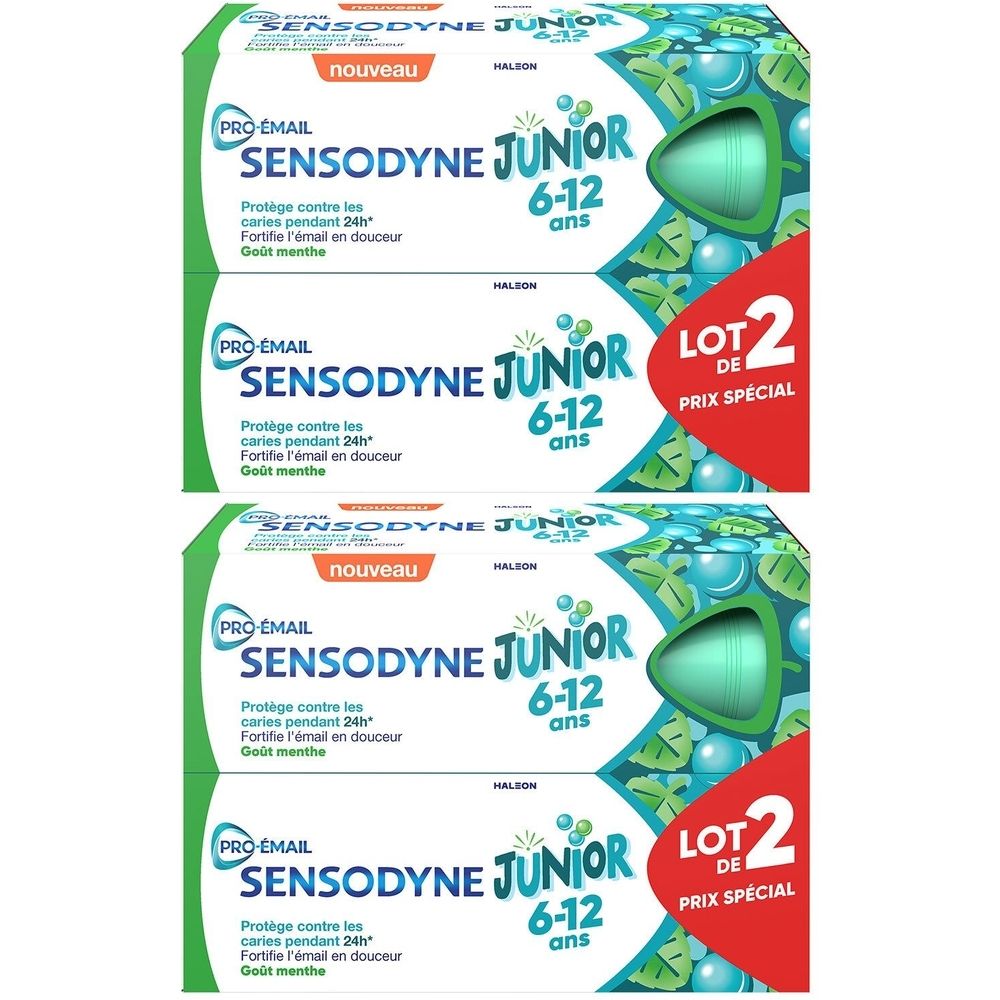 Trois boîtes de dentifrice SENSODYNE Junior. Inscription: PRO ÉMAIL, 6-12 ans, Menthe douce. Sur fond rouge: LOT DE PRIX SPÉCIAL.