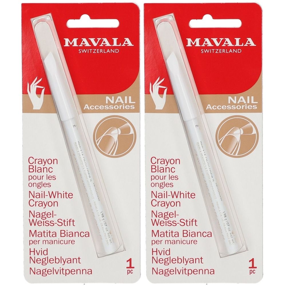 Zwei Packungen Mavala Crayon Blanc. Weißer Nagelstift in transparenter Verpackung. Rote und beige Verpackung mit Produktbezeichnungen.