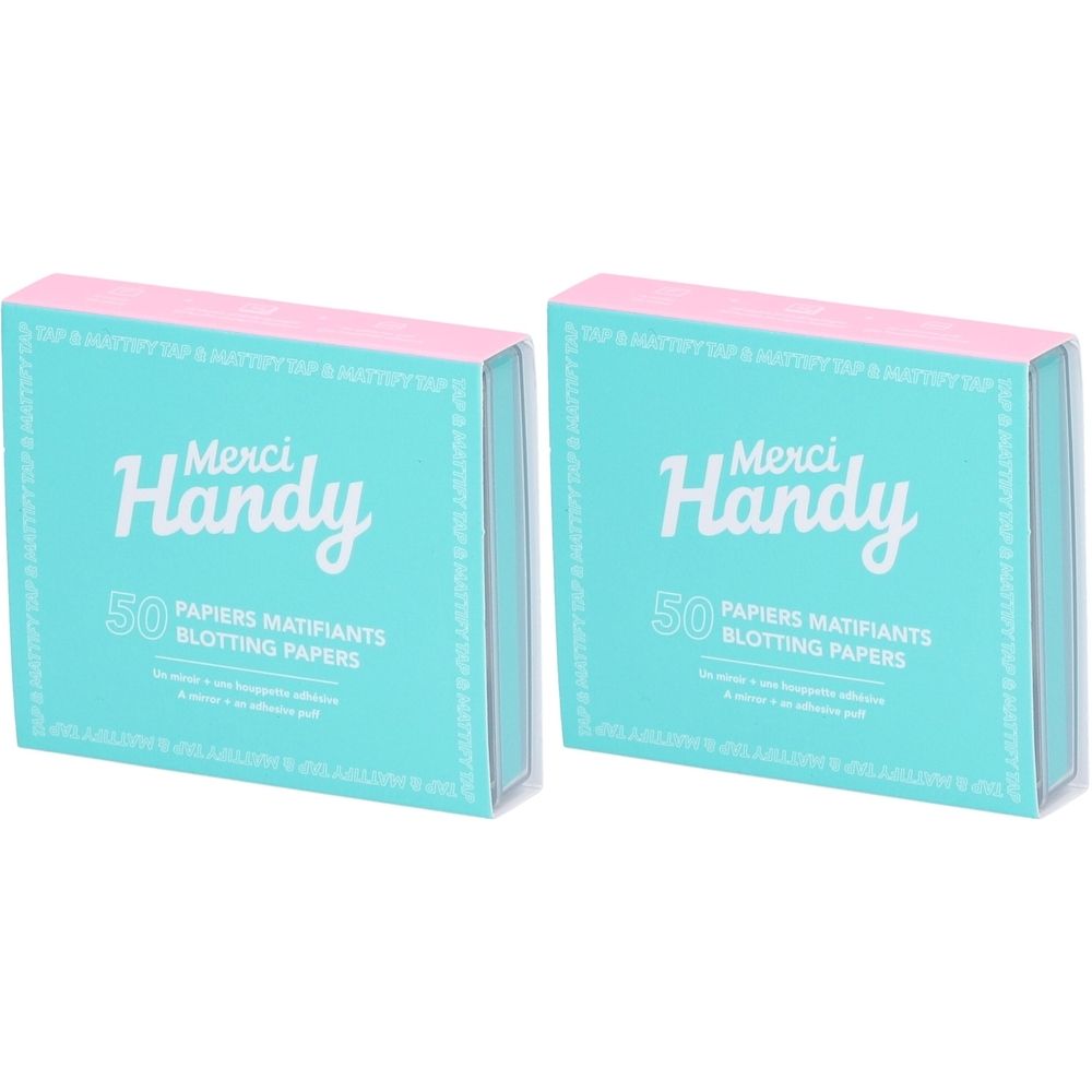 Zwei türkisfarbene Schachteln mit rosa Deckel. Aufschrift: Merci Handy, 50 Papiers Matifiants Blotting Papers.