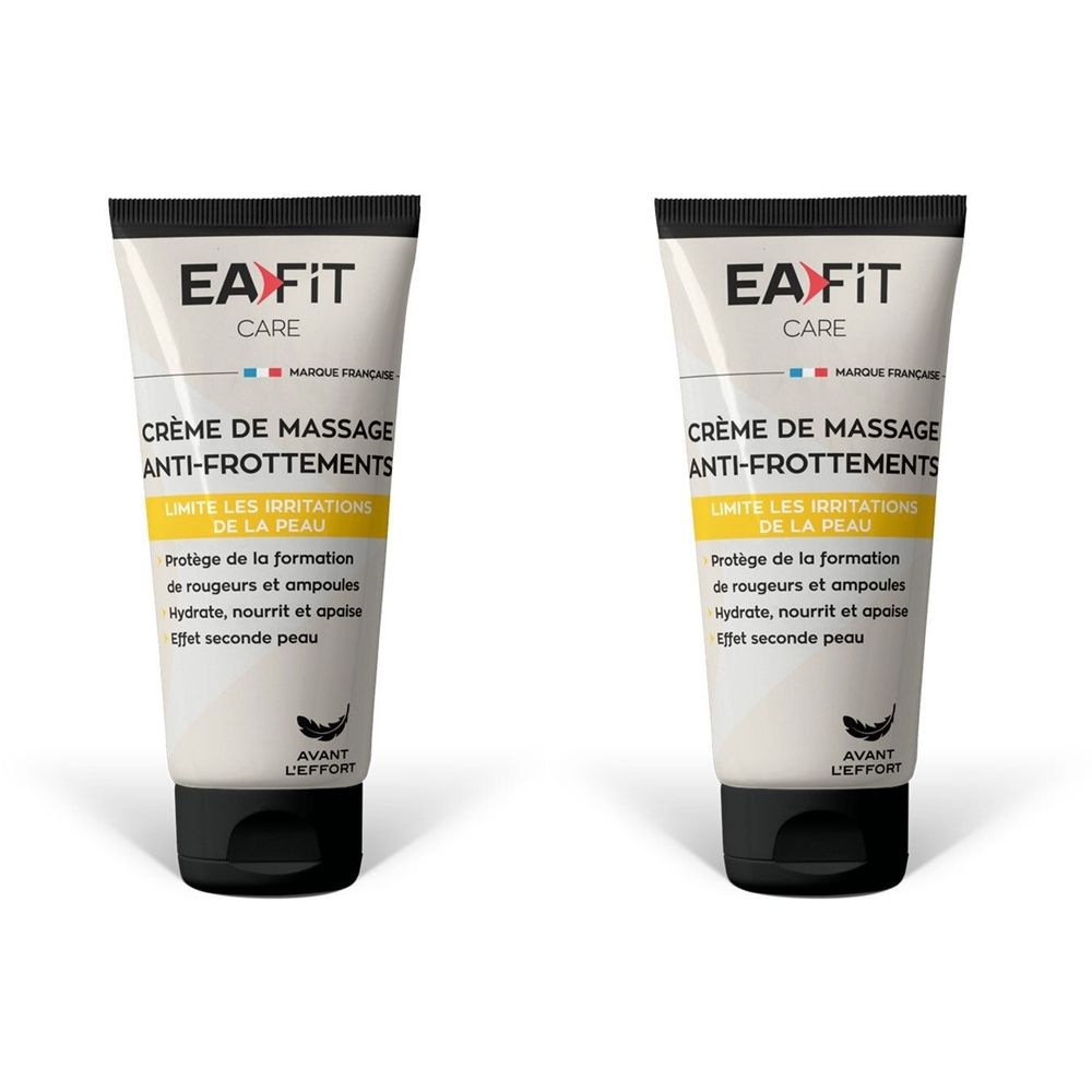 Deux tubes de crème de massage anti-frottements EA Fit. Blanc, bouchon noir. Inscriptions en français.