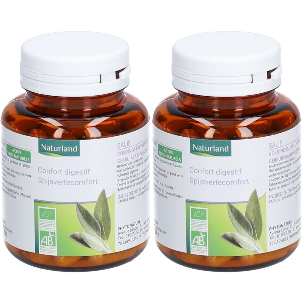 Deux flacons bruns avec des couvercles blancs. Étiquettes avec "Naturland", "Confort digestif" et un label bio. Feuilles de sauge illustrées.
