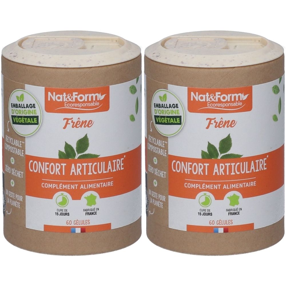 Zwei zylindrische Behälter mit dem Label "Nat&Form". Aufschrift "Frêne" und "CONFORT ARTICULAIRE". Verpackung aus pflanzlicher Herkunft.