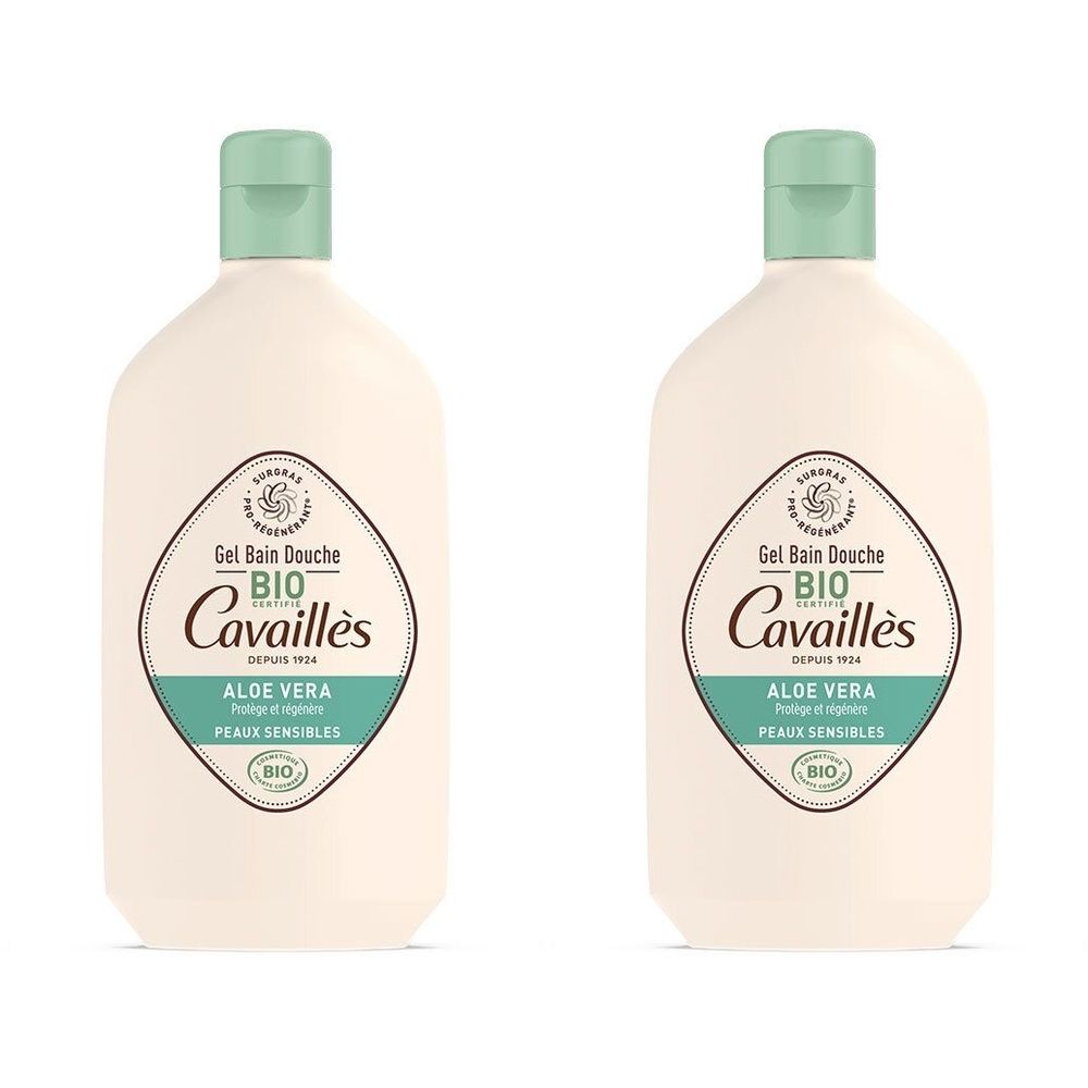 Deux flacons de gel douche. Inscription : Gel Bain Douche, BIO, Cavaillès, Aloe Vera, Peaux Sensibles. Avec label bio.