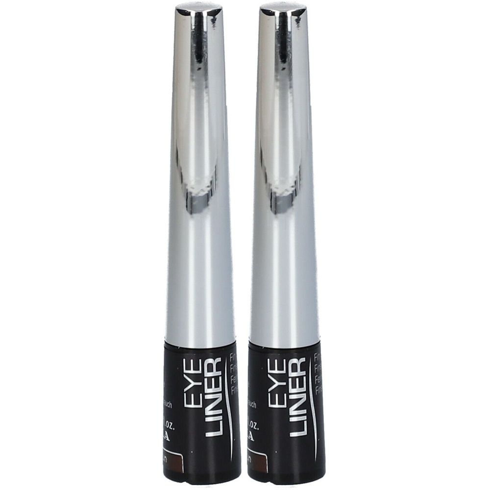 Deux eye-liners bruns avec des capuchons argentés. L'étiquette noire porte l'inscription "EYE LINER".