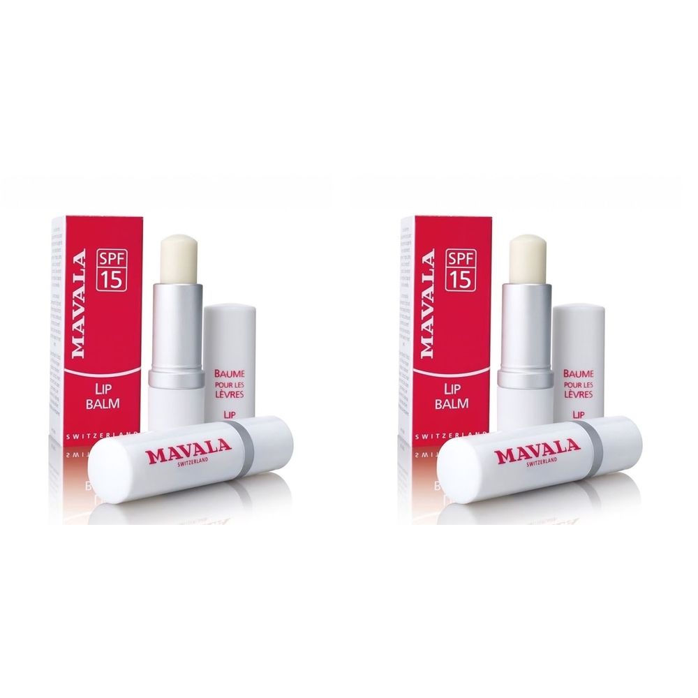 Baume à lèvres avec SPF 15. Tube blanc, texte rouge. Emballage rouge, texte blanc. Nom du produit et marque visibles.