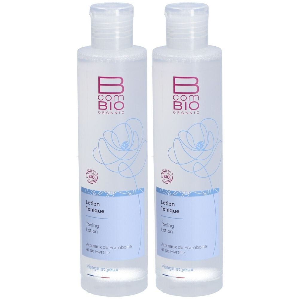 Zwei transparente Flaschen mit weißem Deckel. Aufschrift: B COM BIO ORGANIC. Etikett mit Text: Lotion Tonique, Visage et yeux.