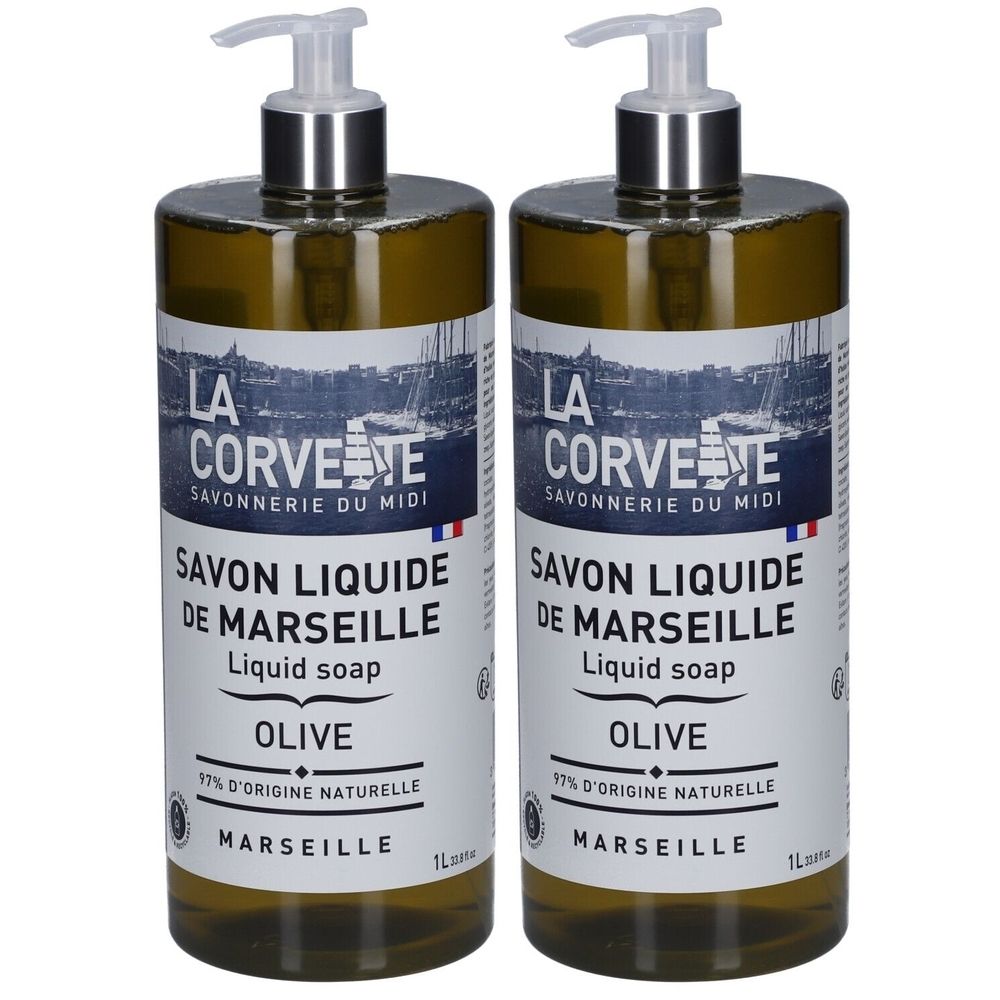 Deux flacons de savon liquide avec pompe. Inscription: LA CORVETTE Savon liquide de Marseille Olive. Flacons verts, étiquettes blanches.