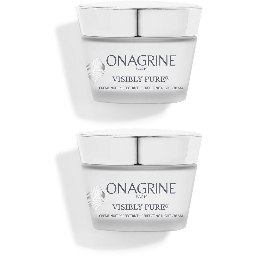 Deux pots de crème avec couvercles. Inscription: ONAGRINE PARIS VISIBLY PURE. Crème Nuit Perfectrice. Emballage blanc.