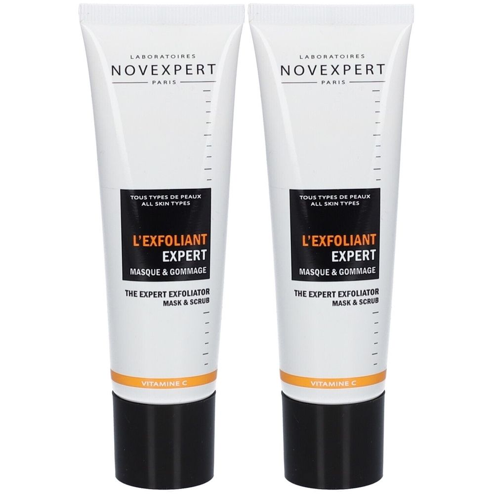 Zwei Tuben mit weißem Hintergrund. Auf jeder Tube steht "Laboratoires Novexpert", "L'Exfoliant Expert Maske & Gommage" und "Vitamin C".