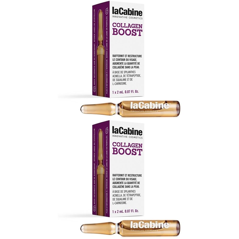 Zwei Ampullen und zwei Packungen. Die Packungen sind weiß und lila mit der Aufschrift "COLLAGEN BOOST" und "laCabine".