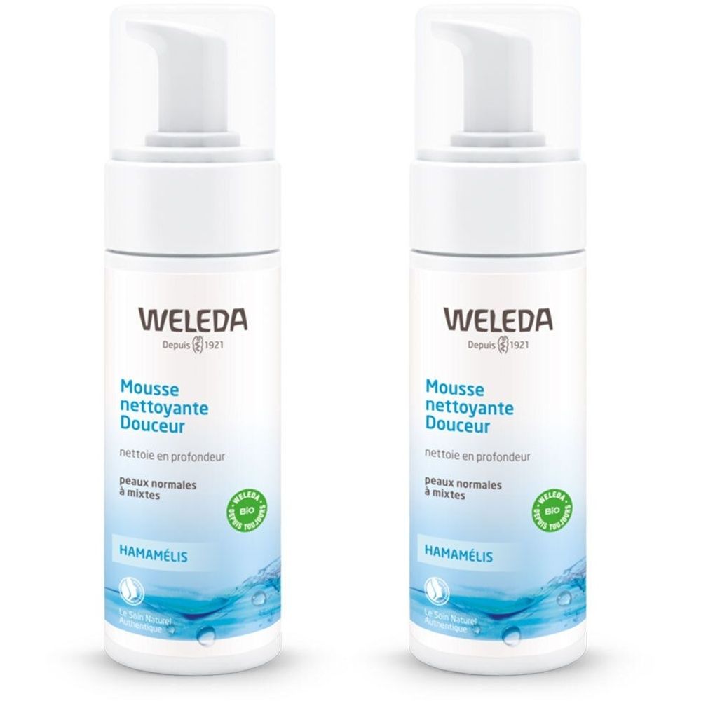 Deux flacons blancs avec pompe. Inscription: WELEDA, Mousse nettoyante Douceur, pour peaux normales à mixtes. Avec label bio et Hamamélis.