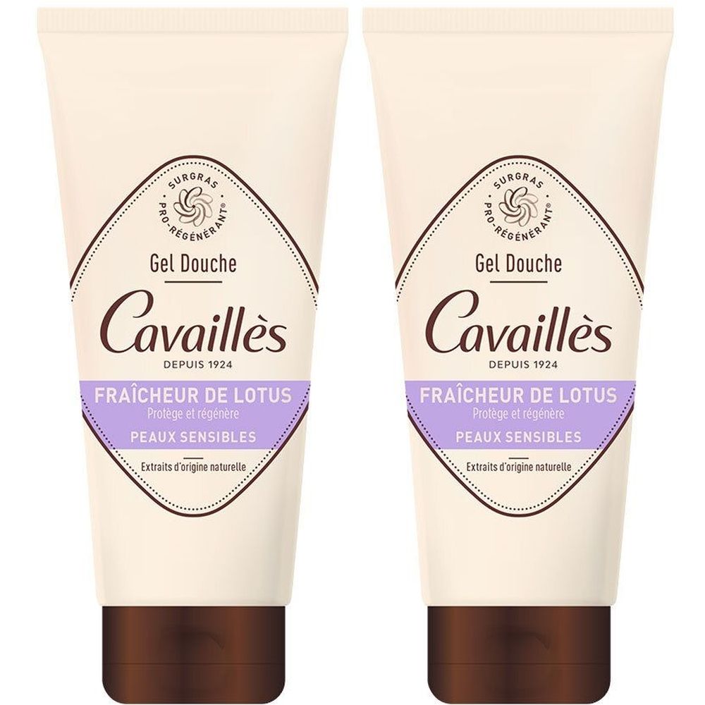 Deux tubes de gel douche crème avec bouchon marron. Inscription : Cavaillès, Gel Douche, Fraîcheur de Lotus, pour peaux sensibles.