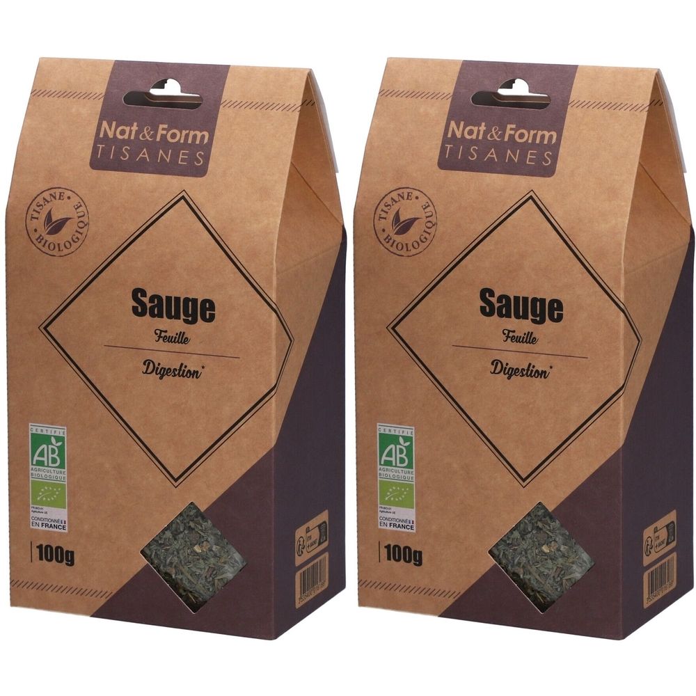 Zwei Packungen Kräutertee. Aufschrift: Nat & Form Tisane, Sauge, Feuille, Digestion. AB-Bio-Siegel. 100g.