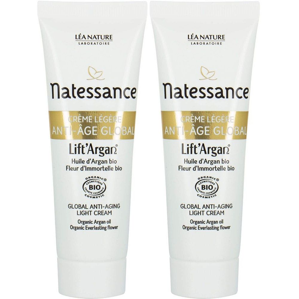 Deux tubes de crème blanche. Inscriptions dorées et noires: Lift'Argan, Anti-Âge Global, certification bio. Marque Natessance.