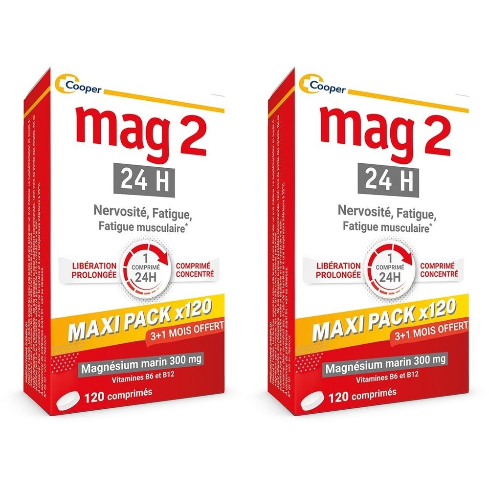 Zwei rechteckige Schachteln. Aufschrift: mag 2, 24H, Maxi Pack x120. Enthält 120 Tabletten. Mit Magnesium, Vitamin B6 und B12.