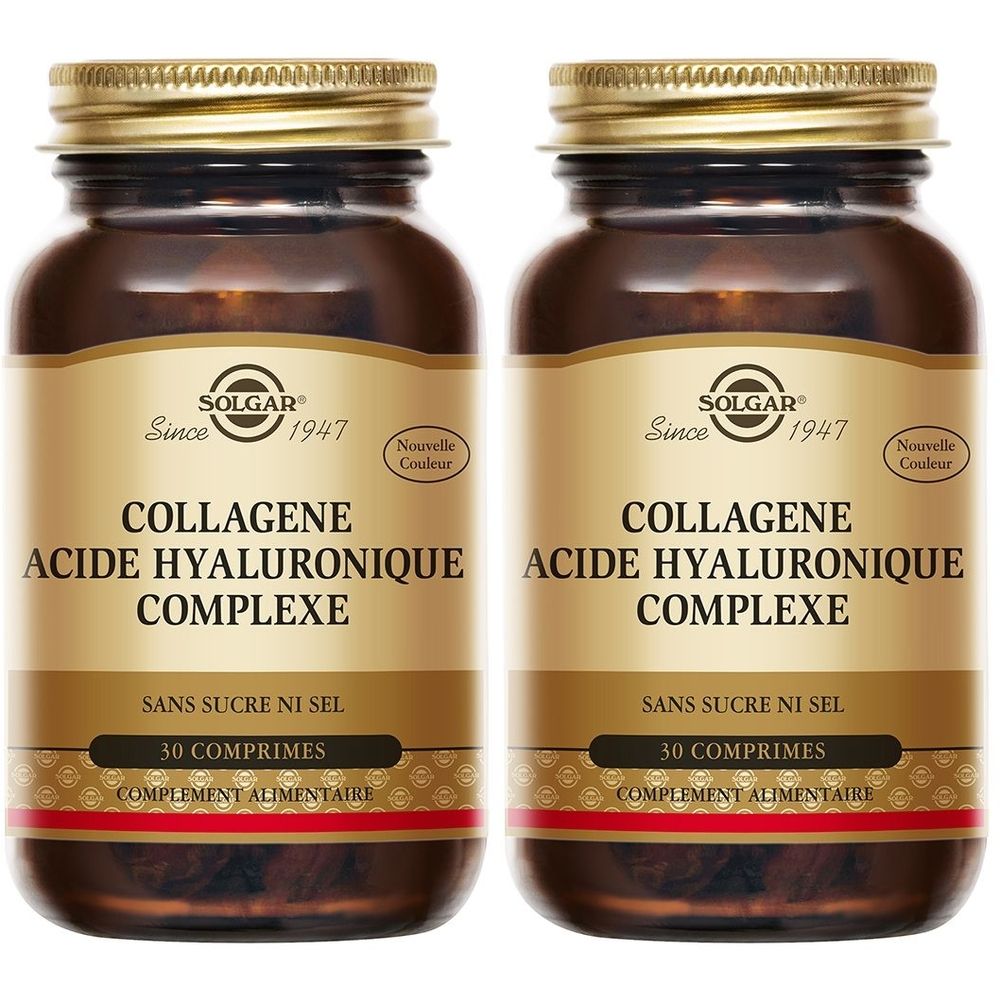 Zwei braune Glasflaschen mit goldenen Deckeln. Auf den Etiketten steht SOLGAR, COLLAGENE ACIDE HYALURONIQUE COMPLEXE, 30 Tabletten.