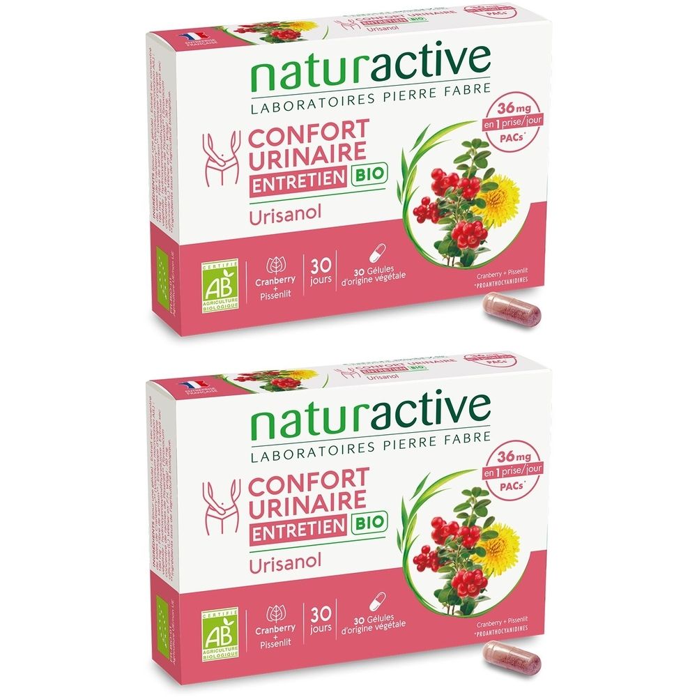 Deux boîtes de Naturactive Confort Urinaire Bio. Boîtes blanches avec accents roses. Inscription : Confort Urinaire Entretien Bio, Urisanol. Logo AB.