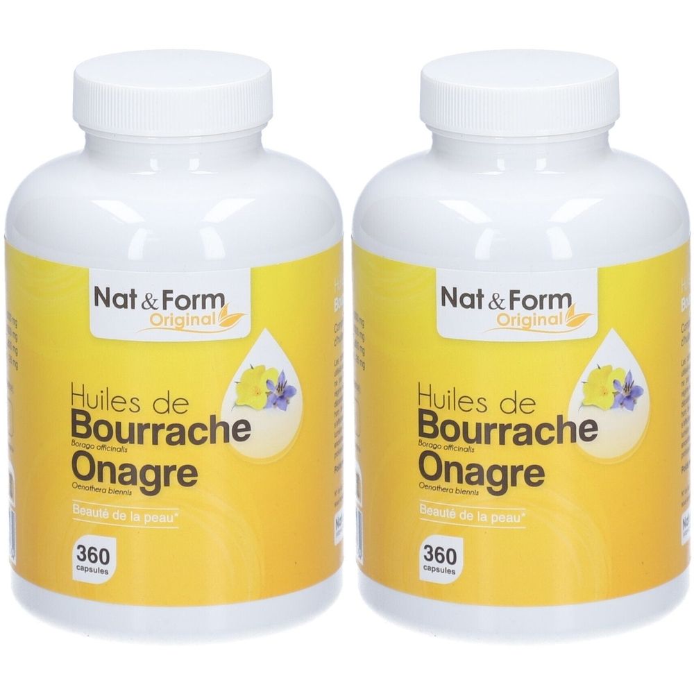 Zwei weiße Flaschen mit gelben Etiketten. Aufschrift: Nat & Form, Huiles de Bourrache Onagre, 360 Kapseln. Abgebildet sind Blüten.