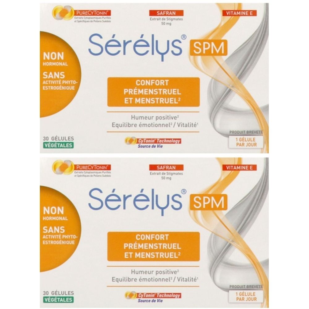 Zwei Packungen Sérélys SPM. Aufschrift: Confort Prémenstruel et Menstruel. Enthält 30 pflanzliche Kapseln. Nicht hormonal.