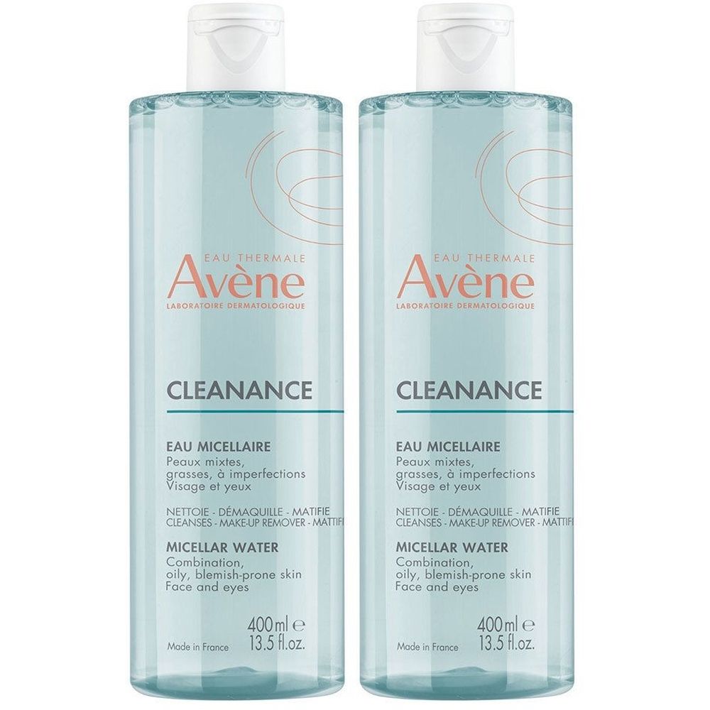 Deux flacons d'Eau Micellaire Cleanance Avène. Liquide bleu clair dans des flacons transparents avec bouchon blanc. Texte: Eau Thermale Avène, Cleanance.