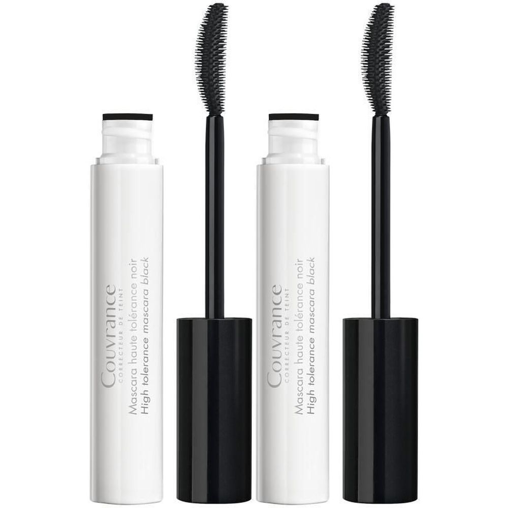 Deux mascaras noirs avec brosses. Inscription "Couvrance", "Mascara haute tolérance noir" et "High tolerance mascara black" sur les tubes.