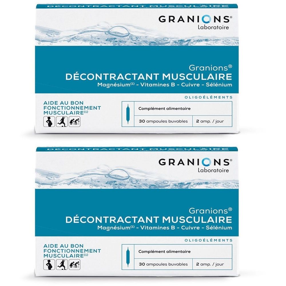 Deux boîtes de Granions Décontractant Musculaire. Inscription : Magnésium, Vitamines B, Cuivre, Sélénium. 30 ampoules buvables.