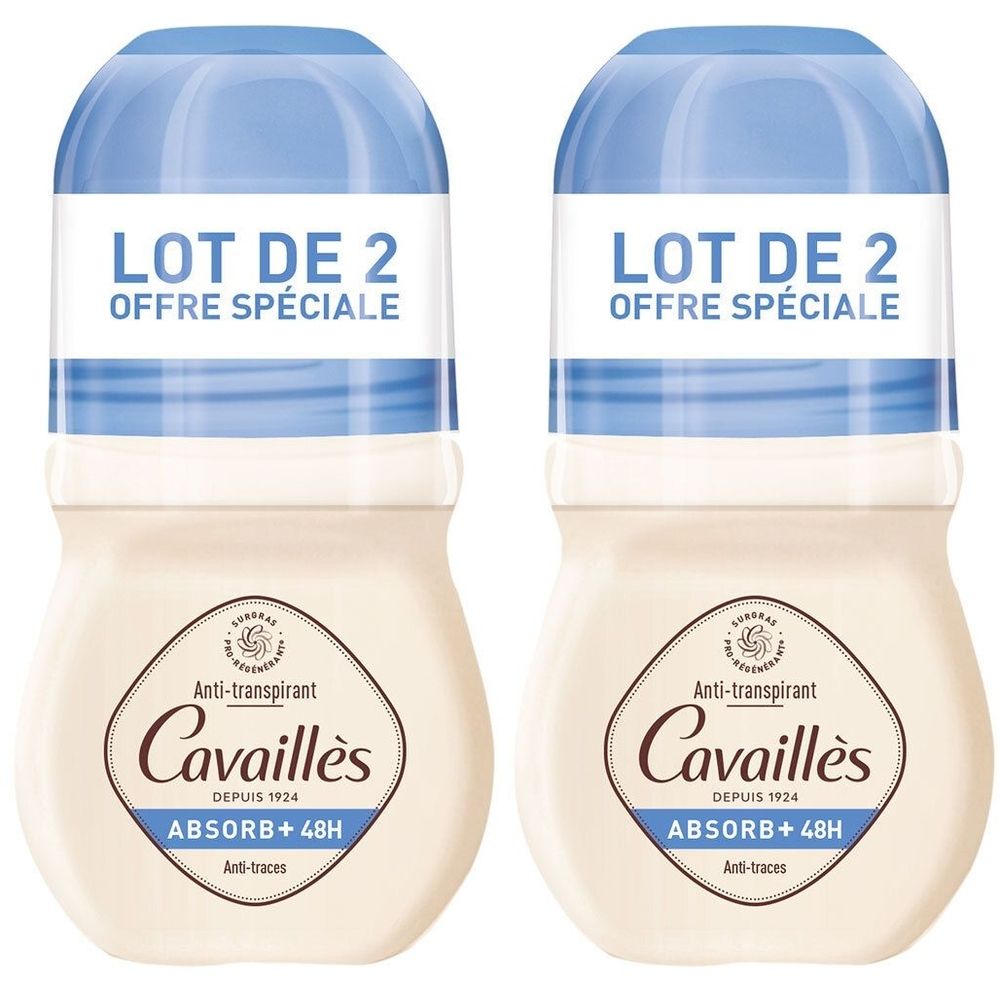 Zwei Roll-on-Deodorants. Blaue Kappe, weißer Behälter. Aufschrift: LOT DE 2, OFFRE SPÉCIALE, Cavaillès, ABSORB+ 48H.
