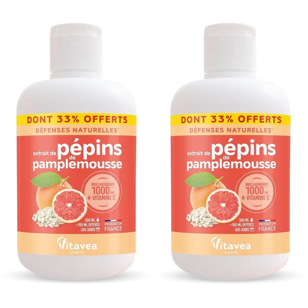Zwei weiße Flaschen mit rotem Etikett. Aufschrift: Extrait de pépins de pamplemousse, 1000 + Vitamin C. Vitavea-Logo.