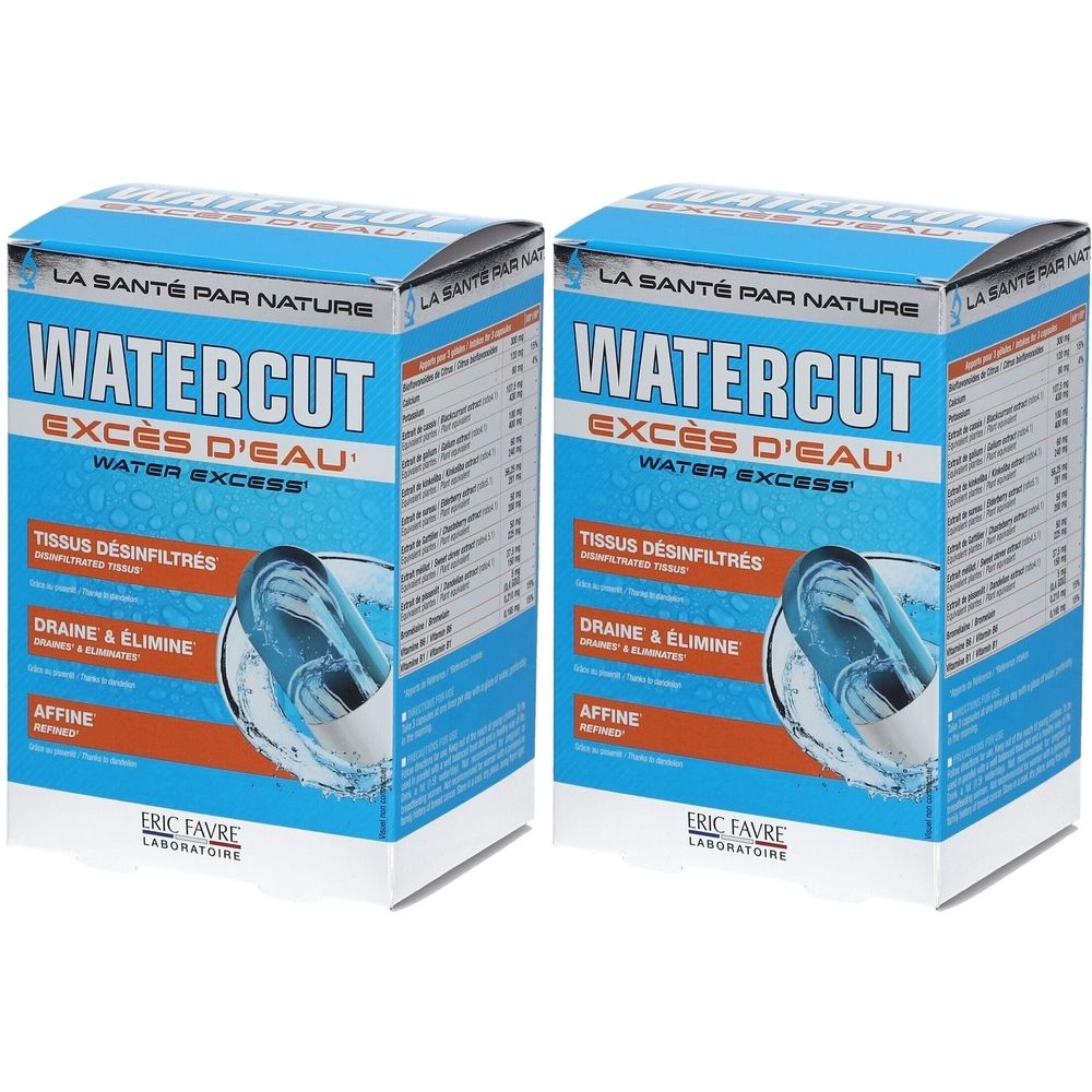 Zwei blaue Kartons mit der Aufschrift "WATERCUT EXCÈS D'EAU". Text in Französisch. Marke: ERIC FAVRE.