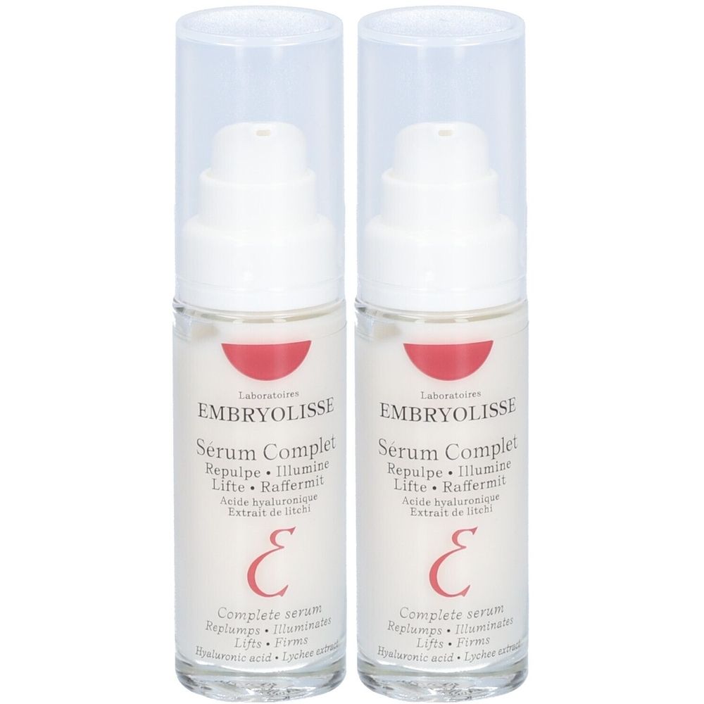 Zwei weiße Flaschen mit transparenten Deckeln. Auf jeder Flasche steht "EMBRYOLISSE Sérum Complet".