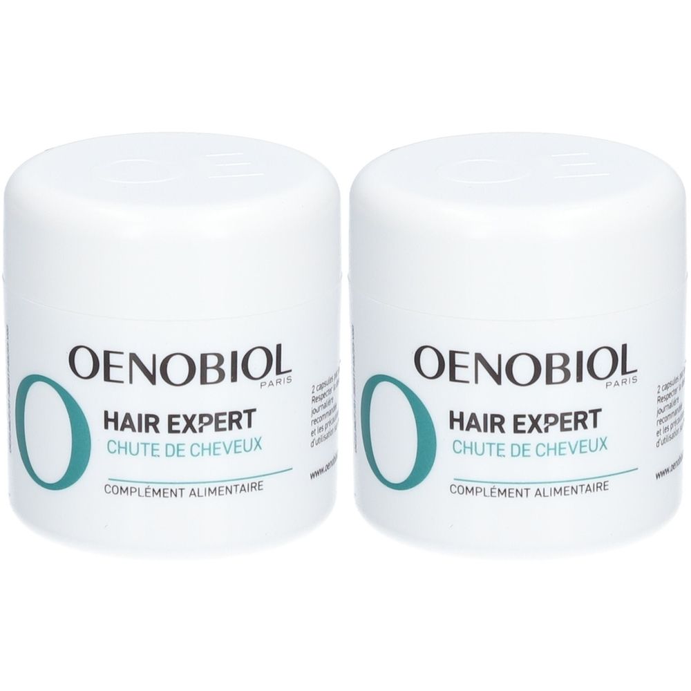 Zwei weiße Behälter mit der Aufschrift OENOBIOL HAIR EXPERT. Produkt zur Haarpflege.