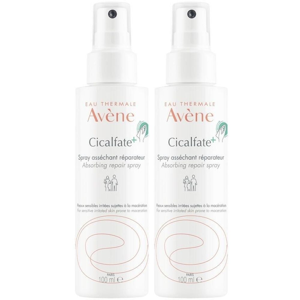 Zwei weiße Sprühflaschen mit dem Aufdruck "Avène Cicalfate+". Text in Französisch und Englisch. 100 ml.