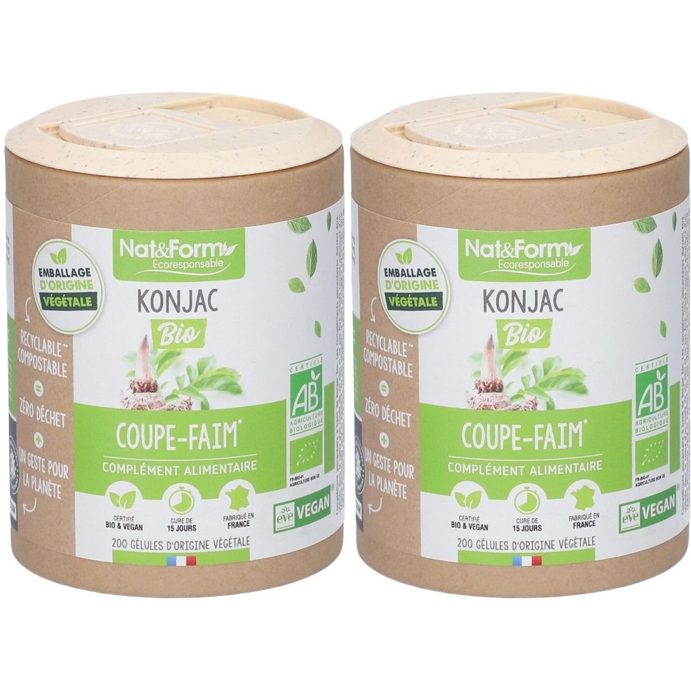 Deux boîtes cylindriques avec couvercles. Inscription : Nat&Form Konjac Bio, Coupe-Faim, complété par les labels AB et Vegan. Emballage végétal.