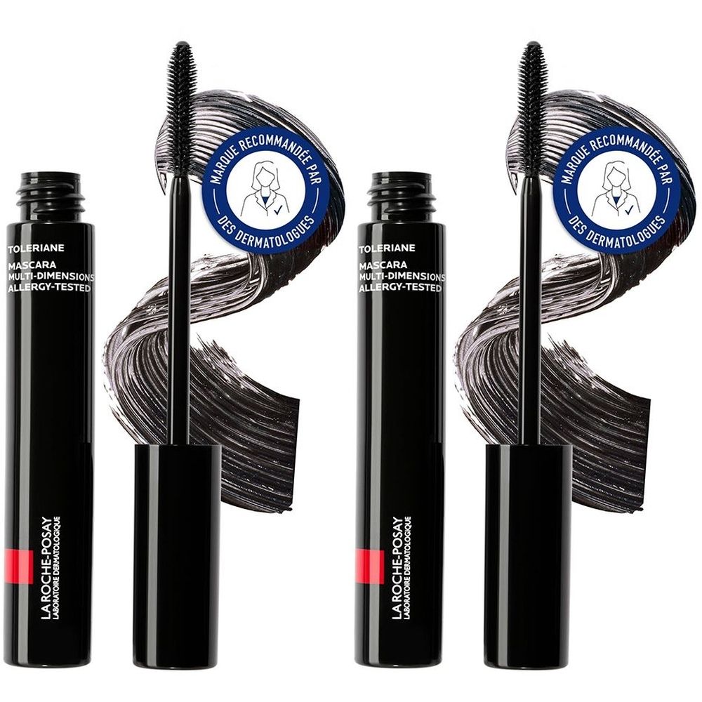 Schwarze Mascara-Tuben mit Bürsten. Aufschrift: Toleriane Mascara Multi-Dimensions, Allergy-Tested. Marke empfohlen von Dermatologen.
