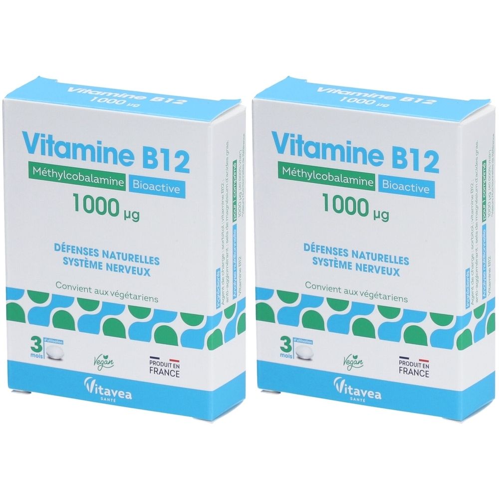 Deux boîtes de Vitamine B12. Inscription : Méthylcobalamine Bioactive, 1000 µg. Défenses naturelles, système nerveux. Convient aux végétariens.