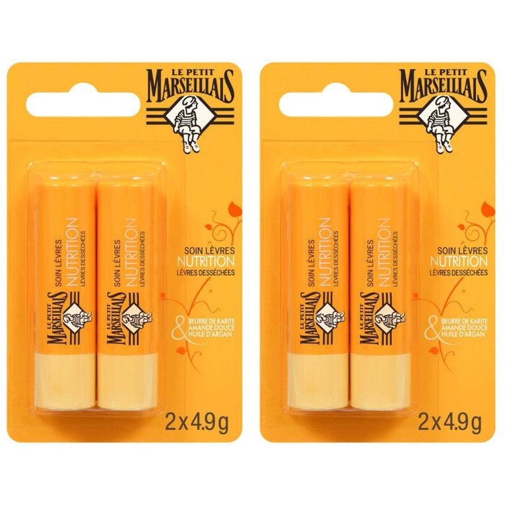 Zwei Lippenpflegestifte in orangefarbener Verpackung. Aufschrift: Le Petit Marseillais, Soin Lèvres Nutrition, 2x4.9g.
