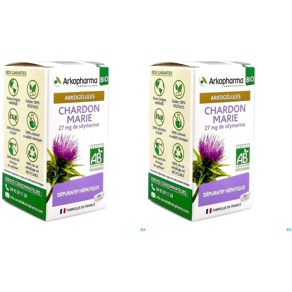 Deux boîtes de "ARKOGÉLULES CHARDON MARIE". Certification bio et illustration d'une fleur de chardon.