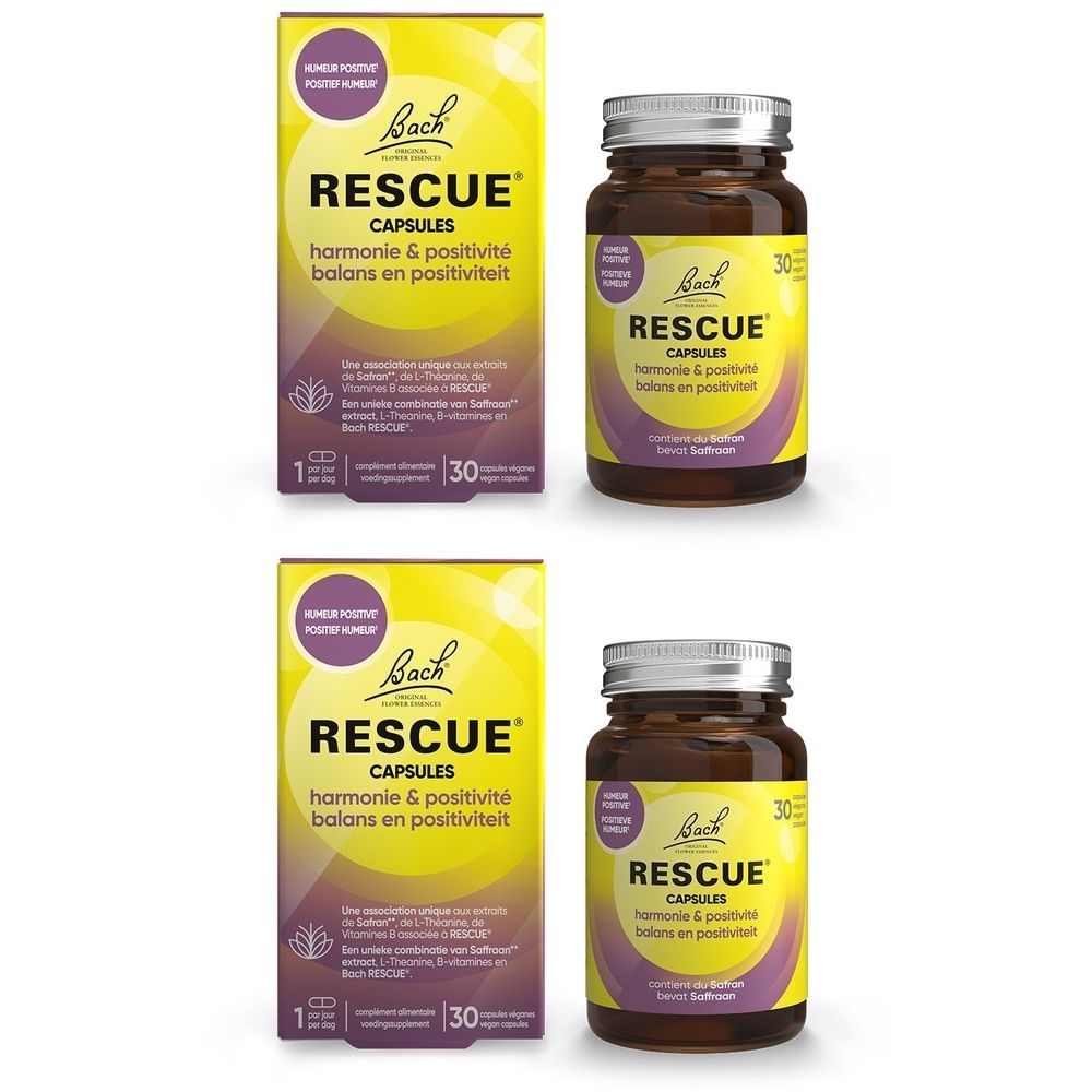 Zwei Packungen und zwei Flaschen RESCUE® Capsules. Gelbe Verpackung mit lila Akzenten und Aufschrift. Braune Glasflaschen mit silbernem Deckel.