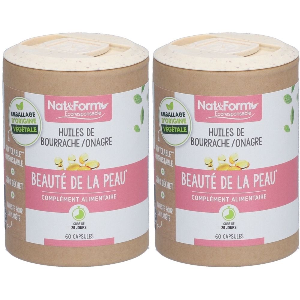 Deux boîtes cylindriques 'Nat&Form'. Inscription 'Huiles de bourrache/onagre' et 'Beauté de la peau'. Contient 60 capsules.